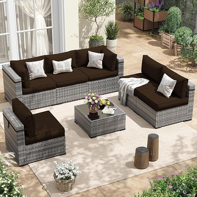 Patio Sectional Cushions, 14-Piece Replacement Cushions for Outdoor Furniture, Water-Resistant Outdoor Sofa Cushion for 6-Seat Rattan Wicker Sectional Conversation Sets (Coffee)