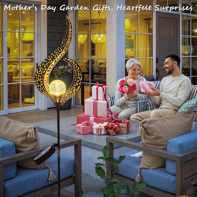 HOMEIMPRO Outdoor Garden Solar Lights Stake Waterproof, Mothers Day Gifts Mom, Crackle Glass Metal Flower LED Yard Art Ornaments Lights for Pathway, Lawn or Courtyard,Gardening Gifts Women (Bronze)