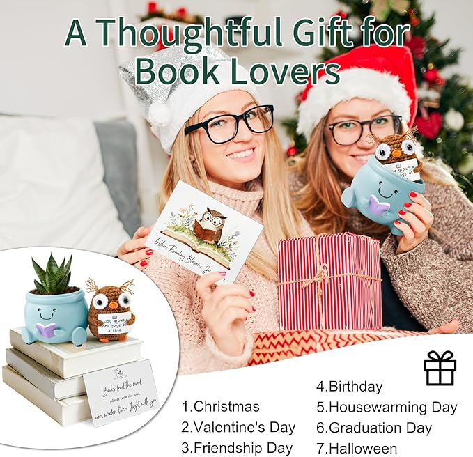 Book Lover Gift Set - Cute Reading Planter Pot with Positive Crochet Owl & Quote Card, Cozy Desk Decor for Teachers, Librarians, Women, Colleague, Friends