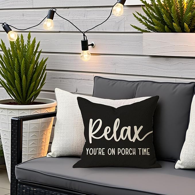 PANDICORN Decorative Throw Pillow Covers 18x18 Inch Relax Porch Time Black Outdoor Rustic Farmhouse Decorative Throw Pillows Cases Cushion Covers Decorations for Front Porch Couch Sofa Decor