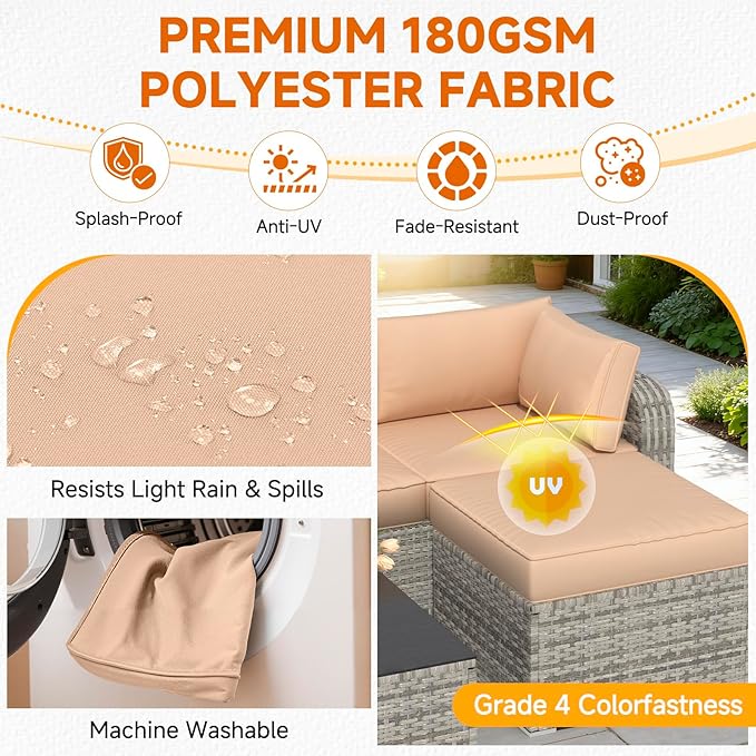 HOMREST Outdoor Replacement Cushions for Patio Furniture,Water-Repellent Sofa Cushion for 4-Seat Rattan Wicker Sectional Patio Conversation Sets,9-Piece Cushions Set for Outdoor Couch,Khaki
