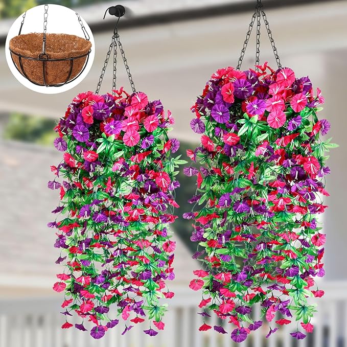 Hotop 2 Set Artificial Hanging Flower Basket and 6 Pcs Bougainvillea Silk Vine Flower for Outdoor Indoor UV Resistant Faux Hanging Plant Coconut Lining Planter Pot(Purple, Rose Red)