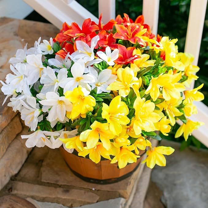 INSPRING Artificial Flowers for Outdoors, 3 Bundles Fake Silk Azalea Flower Faux Plants Outside Decoration UV Resistant Realistic Spring Outdoor Flowers for Planter Porch Patio Garden Walkways Home