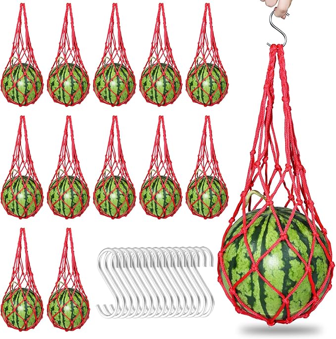 12 Pack Melon Hammocks Cradles with S Hanging Hooks, Heavy Duty Watermelon Nets Melon Hammock for Trellis Pumpkin Hanging Bags for Growing Cantaloupe Pumpkin in Vertical Garden (Red, 12)