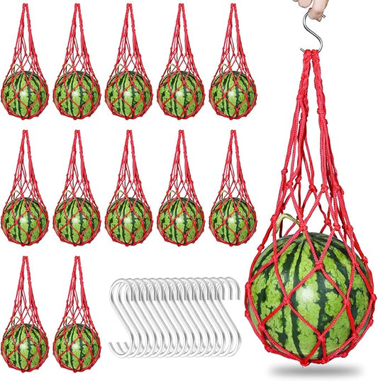 24 Pack Melon Hammocks Cradles with S Hanging Hooks, Heavy Duty Watermelon Nets Melon Hammock for Trellis Pumpkin Hanging Bags for Growing Cantaloupe Pumpkin in Vertical Garden (Red, 24)