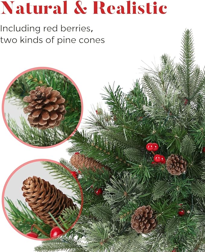 Outdoor Christmas Tree Frosted Urn Filler, Pre-lit Artificial Xmas Tree with LED Lights, 18 Inch Small Christmas Tree with Cones & Red Berries