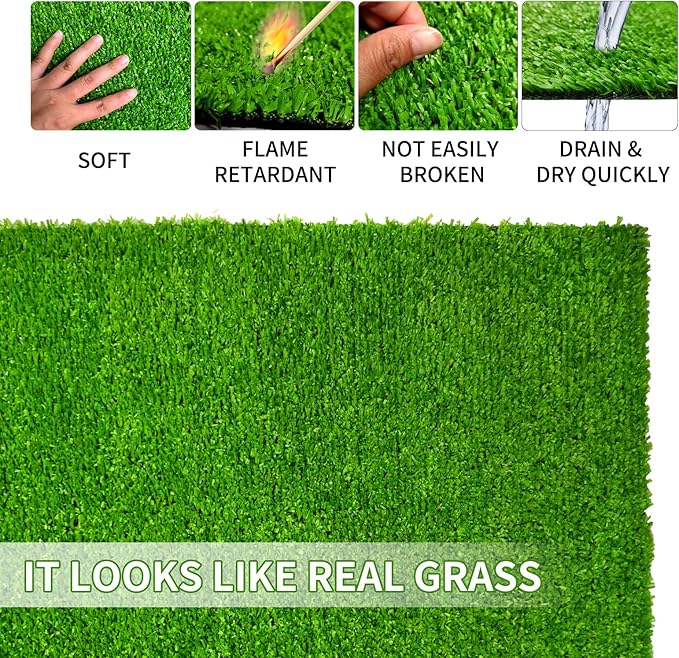 Realistic Artificial Grass 4 FT x 13 FT Green Synthetic Turf Rug Fake Grass Mat Indoor Outdoor Lawn Landscape for Garden, Balcony, Patio with Drainage Holes & Rubber Backing