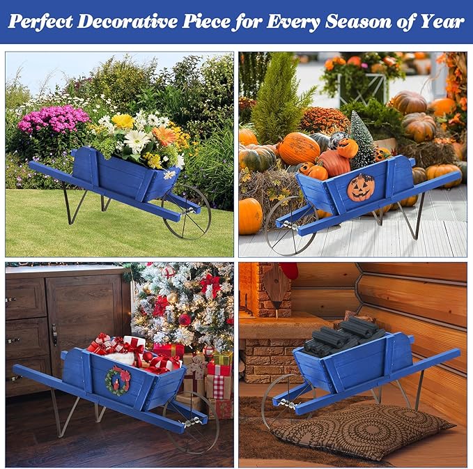 S AFSTAR Wood Wheelbarrow Planter, Small Flower Plant Pot Wheelbarrow Cart with Metal Wheel & 9 Replaceable Magnet Accessories, Wooden Wagon Planter Wheelbarrow for Outdoor Garden Backyard (Blue)