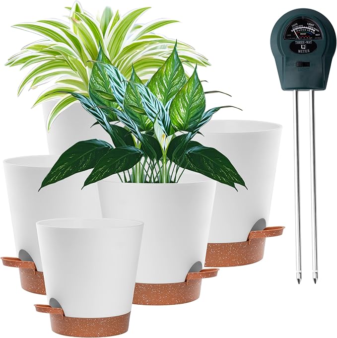 Self Watering Planter Pots Set of 5-7", 6.5", 6.02", 5.55", 5.08" Indoor & Outdoor Flower, Herb, and Succulent self Watering pots with Saucer Reservoir, Drainage System, and Modern White Design