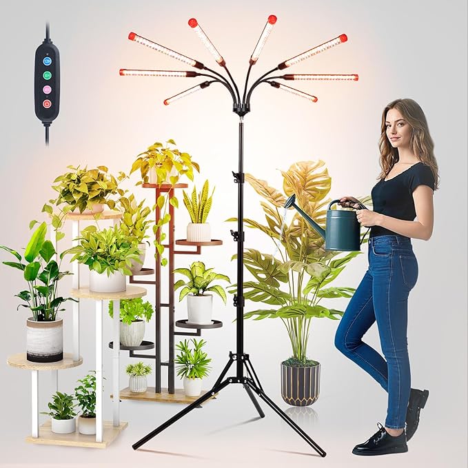 FECiDA Gamechanger! 72 Watt Power Draw, NO Need Adapter, 8Head Grow Light with Tripod Stand, 2026 Big Coverage LED Grow Lights for Indoor Tall Plants, Bonsai Tree, 4/8/12/16/20H Timer