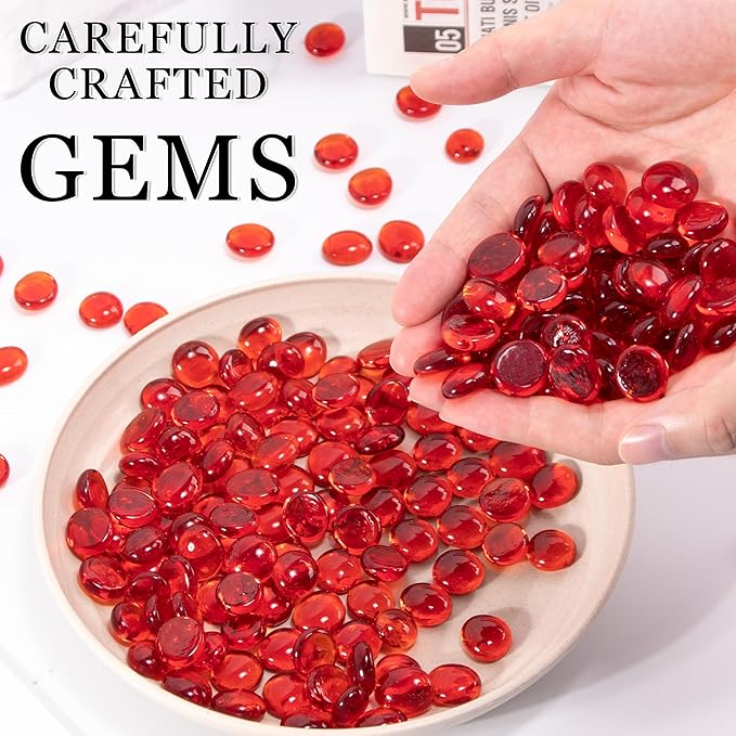 50PCS Mini Glass Gems,Red Mancala Stones Flat Bottom Marble Beads for Home Decorative Art Craft Vase Filler(0.5"~0.7")