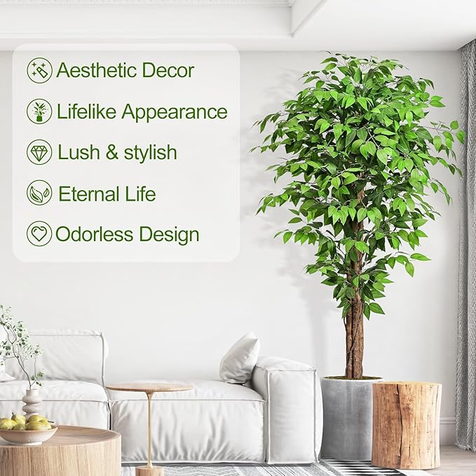 6.2ft Ficus Artificial Trees with 3 Natural Curved Trunks, 74" Tall Lush Faux Tree for Home Decor Indoor, Green Lifelike Fake Ficus Tree Plants (Set of 2)