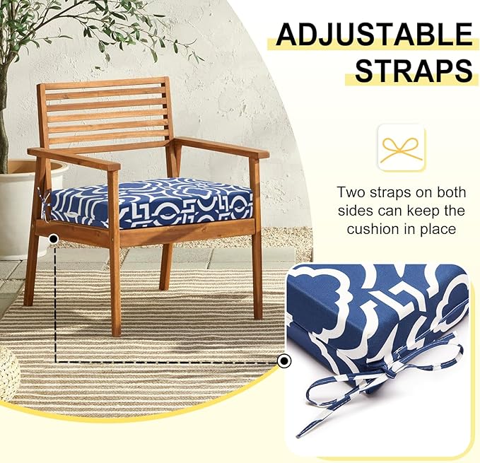 downluxe Outdoor Chair Cushions Set of 4 for Patio Furniture, Water-Resistant Square Corner Patio Chair Cushions with Ties, High Density Foam Outdoor Seat Cushion, 18.5" X 16" X 3", Circular Geometry