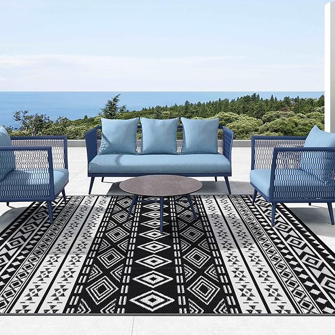 GOTGELIF Outdoor Rug 9x12FT Boho Style, Reversible & Water-Resistance & Portable Plastic Straw Rug for RV Trips, Picnic, Camping, Outdoor, Garden, Patio - White and Black Patio Rug