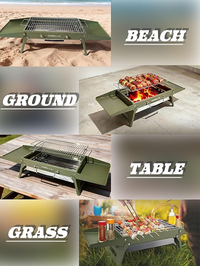 Charmline 15x11 inches Portable Charcoal Grill, Compact Portable BBQ Grill, Tabletop Charcoal Grills for Camping, Picnics, Gardens and Beach Parties, Green