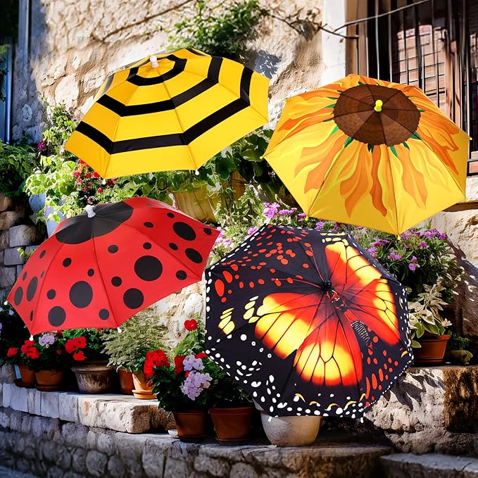 4 Pack Plant Umbrellas for Outdoor Plants, Upgraded Joints-enhanced Wind Resistance, Adjustable Height, Large Garden Umbrella Shade for Potted Plants Bed Flower Pot(4 Assorted Styles)
