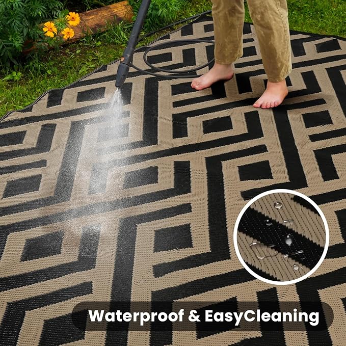 9x12 Outdoor Patio Rug with Carry Bag, Waterproof Outdoor Plastic Straw Rug RV Camping Rug, Reversible Picnic Mat Outside Carpet for Backyard, Campsite, Garden, Deck, Black & Beige