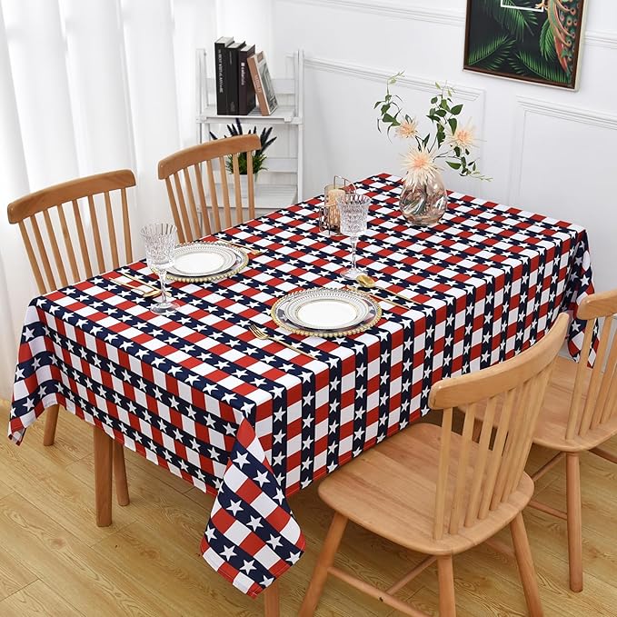 Waterproof July 4th Tablecloth Fabric - Rectangle 58x84 Inch Classic Gingham USA Themed Table Cloth for Indoor/Outdoor Use - Washable Table Cover for Kitchen, BBQs, and Parties