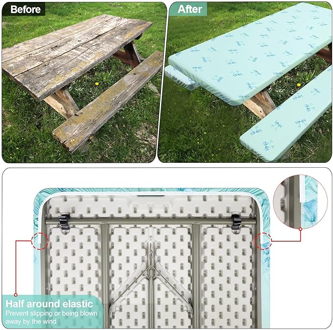 Play Tailor Picnic Table Cover with Bench Covers Camping Essentials Waterproof Windproof Camping Tablecloth with Drawstring Bag, Fitted Rectangle Tables and Seats, 72in, Blue Bow