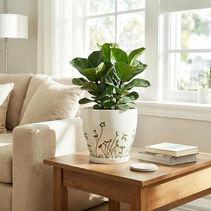 Indoor Plant Pot 8.2 Inch - Ceramic Planter with Drainage Hole and Saucer, Boho Round Decorative Flower Pot for Indoor Outdoor Flowers, Plant Lover Gifts, Office Home Garden Patio Decor, White