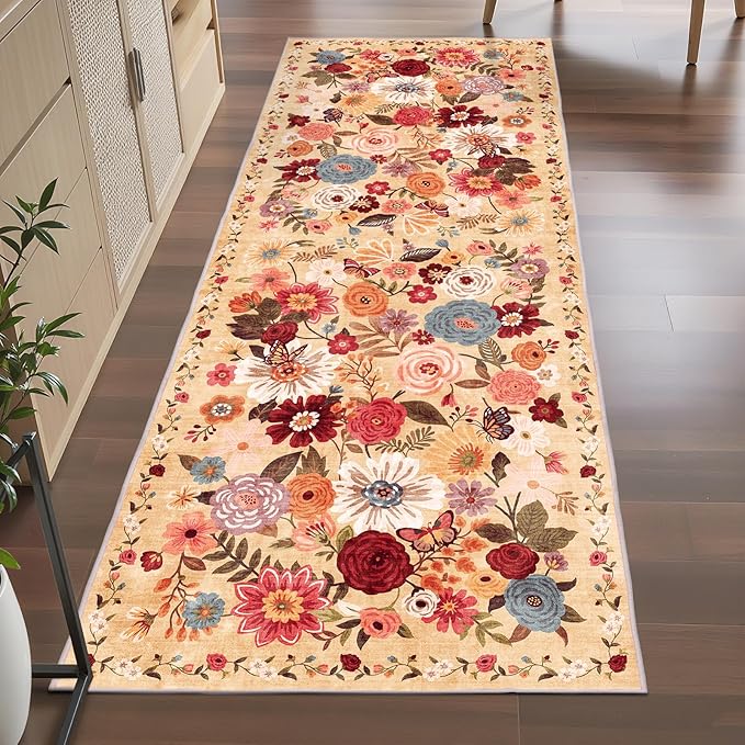 Rug for Hallways Kitchen Rug 2x6, Non Slip Washable Rugs with Rubber Backing Soft Floral Carpet Runner for Hallways, Kitchen, Laundry, Bedroom, Bathroom(Yellow Garden, 2 x 6)