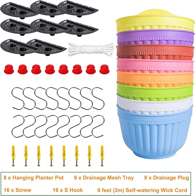 ORIMERC 8 Pack Colorful Wall Hanging Planters for Indoor Outdoor Plants, Wall Hanging Plant Holder with Drainage Hole, Balcony planters Railing Hanging Pot, Plant Wall Mount Decor with Hooks/Screws