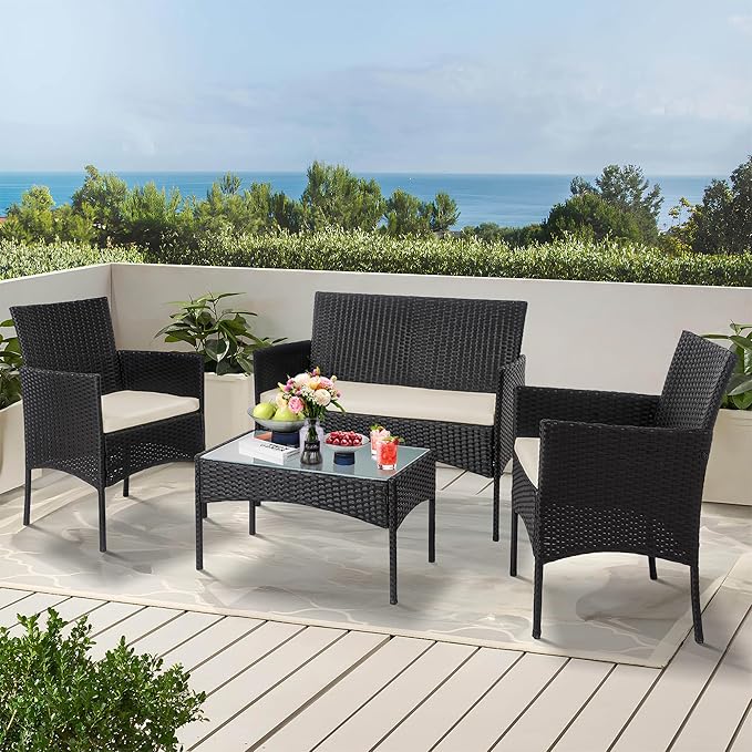 PROHIKER 4 Piece Outdoor Wicker Patio Conversation Furniture Set, Rattan Chair Wicker Sofa Garden Conversation Sets with Cushion and Glass Table for Yard Pool or Backyard, Black/Beige