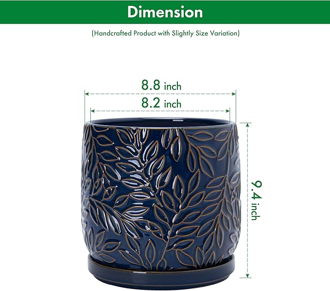 D'vine Dev 8 Inch Embossed Leaves Stoneware Planter Pot with Drainage Hole and Saucer, Midnight Blue, 27-A-Q-3
