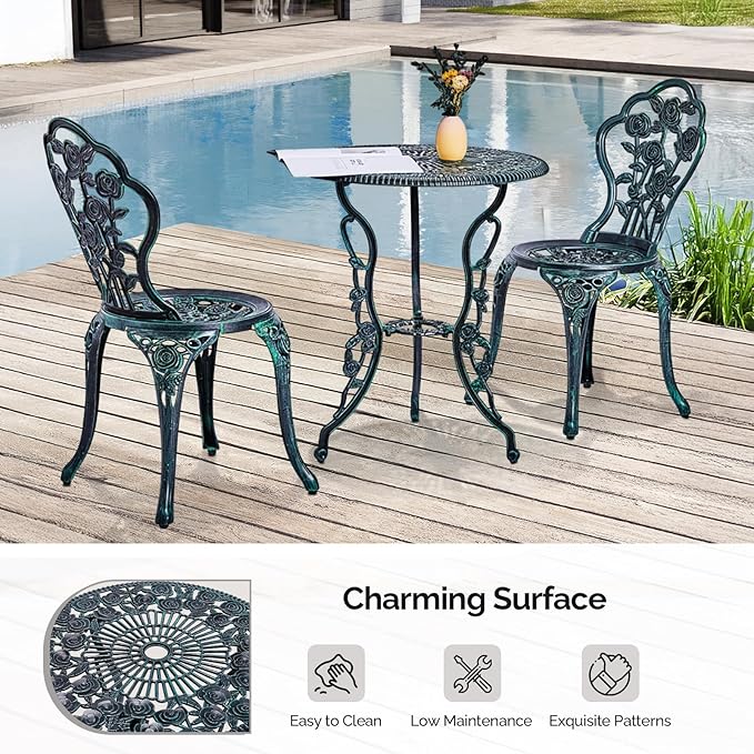 Outvita Patio Table and Chairs Set, Cast Aluminum Outdoor Cafe Table and Chairs Set of 3, Stability Patio Bistro Sets with Umbrella Hole for Garden, Patio, Balcony, Rose Pattern Bronze