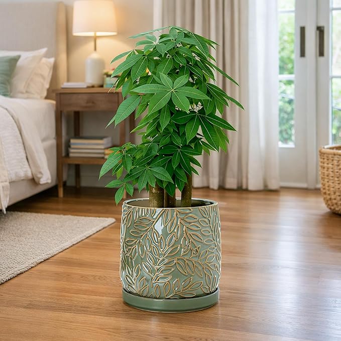 D'vine Dev 10 Inch Embossed Leaves Stoneware Planter Pot with Drainage Hole and Saucer, Olive, 27-A-P-0