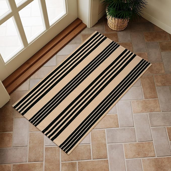 OJIA Front Door Mat Outdoor 24''x35'' Washable Front Door Rug Black and Tan Entry Rug Indoor Outdoor Rugs Doormat Cotton Woven Striped Small Area Rugs for Porch/Bathroom/Farmhouse/Home Entrance