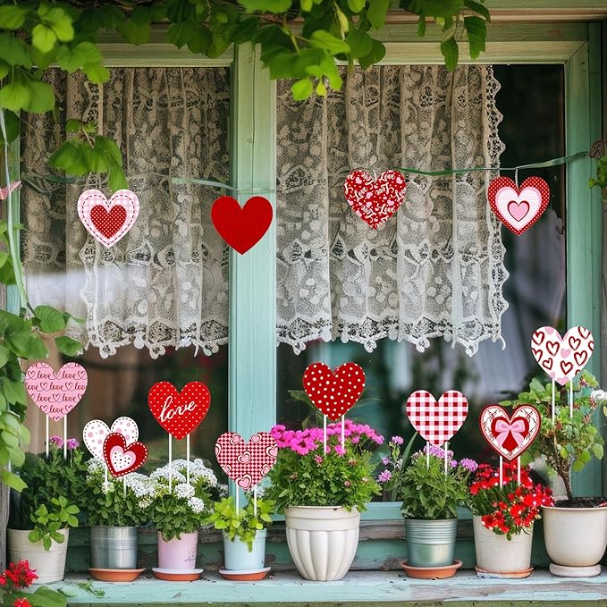 12 Pcs Valentine's Day Heart Yard Signs 14.6 Inch Love Heart Yard Stakes Red Pink Valentines Outdoor Decoration for Valentine's Day Anniversary Outdoor Front Door Lawn Patio Garden