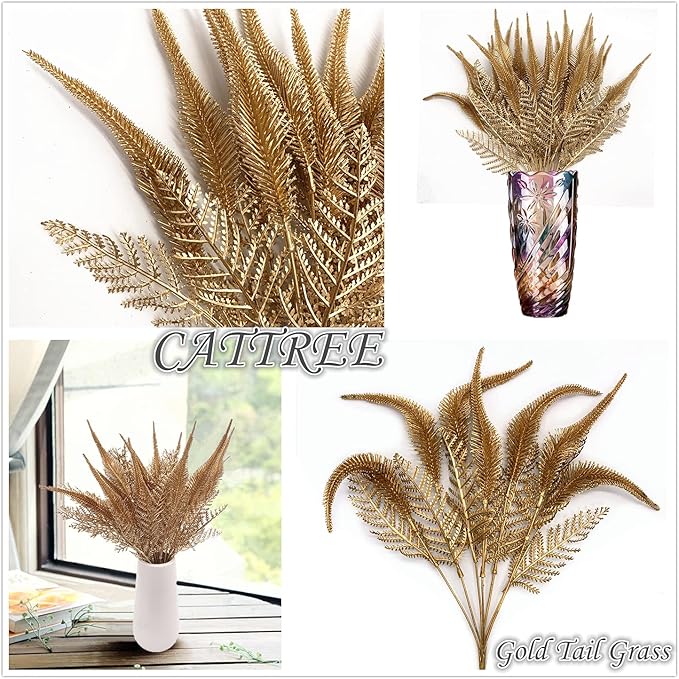 CATTREE Artificial Plants for Christmas, Plastic Grass Faux Shrubs Fake Leaves Simulation Setaria Bushes Home Indoor Outdoor Garden Wedding Festival Decoration Hall Table Planter Filler – Gold 2 Pack