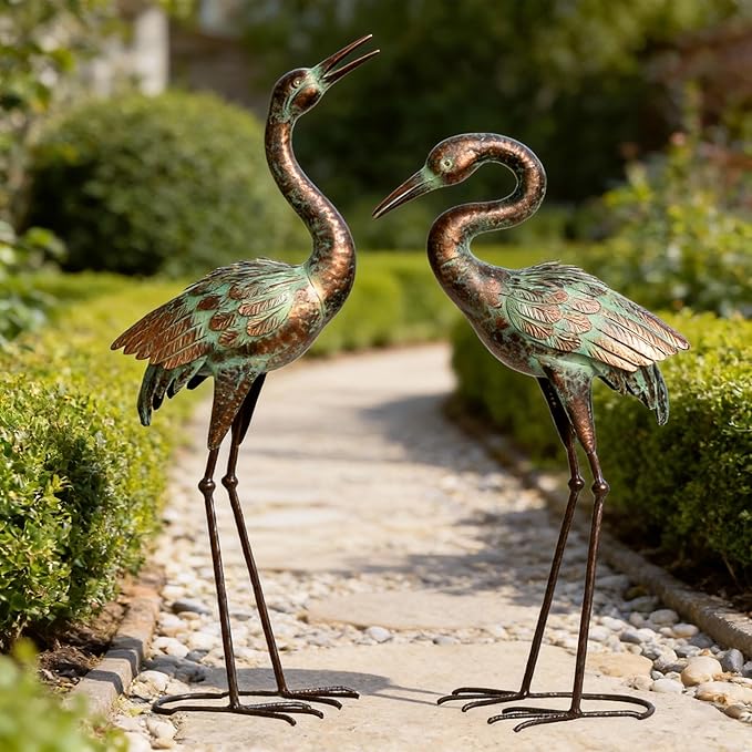 Shorayn Garden Crane Statues, Blue Heron Sculptures for Outdoor, Cranes Decor Metal Bird, Patina Garden Art Lawn Ornaments for Yard Patio Porch Outside Decorations