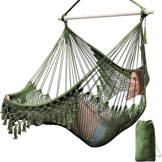 Chihee Hammock Chair Super Large Hanging Chairs Soft-Spun Cotton Rope Woven Chair, Collapsible Strong Metal Spreader Bar Wide Seat Lace Stretch Swing Chairs Indoor Outdoor Garden Yard Theme Decoration