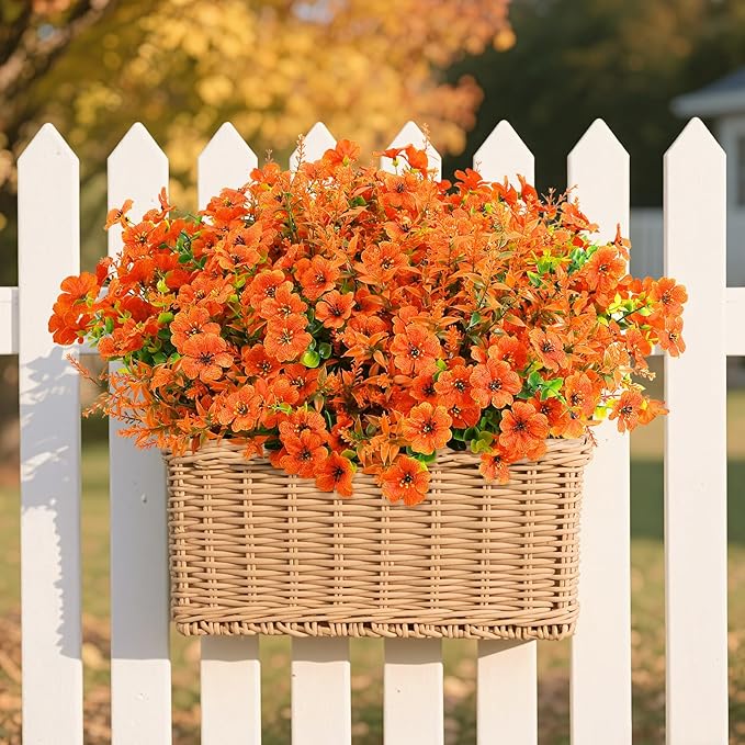 SHareconn 48 Bundles Artificial Flowers for Outdoors Decoration, Faux Plants Fake Silk Colorful Daisy Eucalyptus Lavender, UV Resistant for Outside Home Porch Patio Indoor Spring Decor, Orange