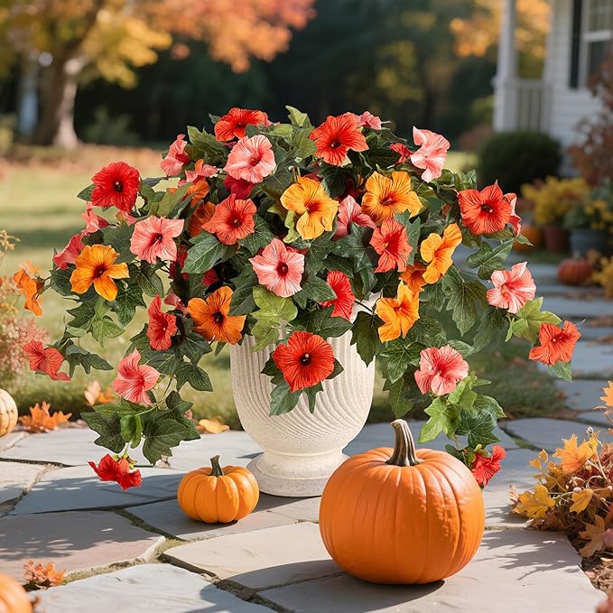 Artificial Fake Flowers for Outdoor Spring Decoration, 2PCS Faux Silk Petunias No Fade UV Resistant Flowers for Outside Garden Porch Yard Balcony Patio Realistic Indoor Decor(Orange)