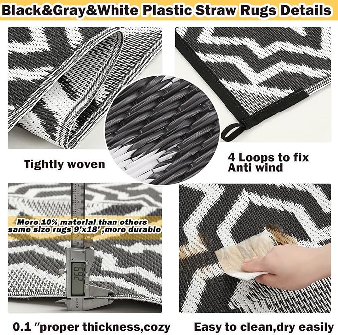 Outdoor Rug 9x18 Waterproof Large Outdoor Rug Camping Rug Reversible Rv Mats Black Gray Outdoor Plastic Straw Rug Tightly Woven Rugs Clean Easily Large Patio Mat for RV, Deck, Camping Rv Essentials