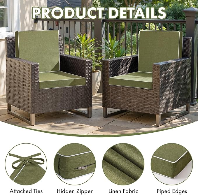 MIULEE Green Outdoor Chair Cushions Set of 4, 19x19x3 Inch Waterproof Patio Seat Cushions for Outdoor Furniture Couch Sofa, 3 Year Color Fastness High Density Foam with Adjustable Ties