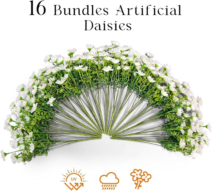16 Bundles Silk Daisy Artificial Flowers for Outdoors UV Resistant Fake Daisies Plastic Plants Flower for Home Outside Front Door Porch Garden Patio Planters Decoration (White)