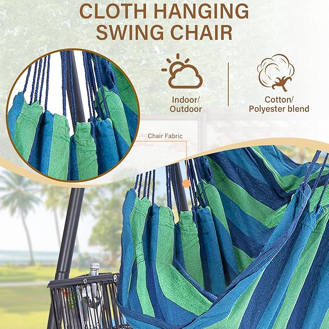 Hammock Chair Hanging Rope Swing & Stand Set with Two Holders, Heavy Duty Hanging Stand with Three Hooks, Multi-Use for Indoor Outdoor Patio Yard Garden(Grey & Blue)