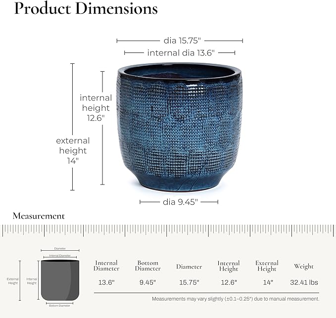 LuxenHome 15.75" Dia Large Ceramic Pots for Plants, Teal Blue Glazed Planters for Outdoor Plants, Round Indoor Flower Pots with Drainage Hole and Rubber Plug for Home Garden Patio