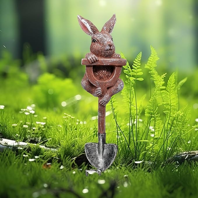 Bunny Garden Statue Resin Bunny Figurine on Shovel Rabbit Planter Outdoor Fairy Garden Yard Lawn Decoration Whimsical Plant Pots Stake Miniature Bunnies Sculpture Housewarming Gift Easter Ornament