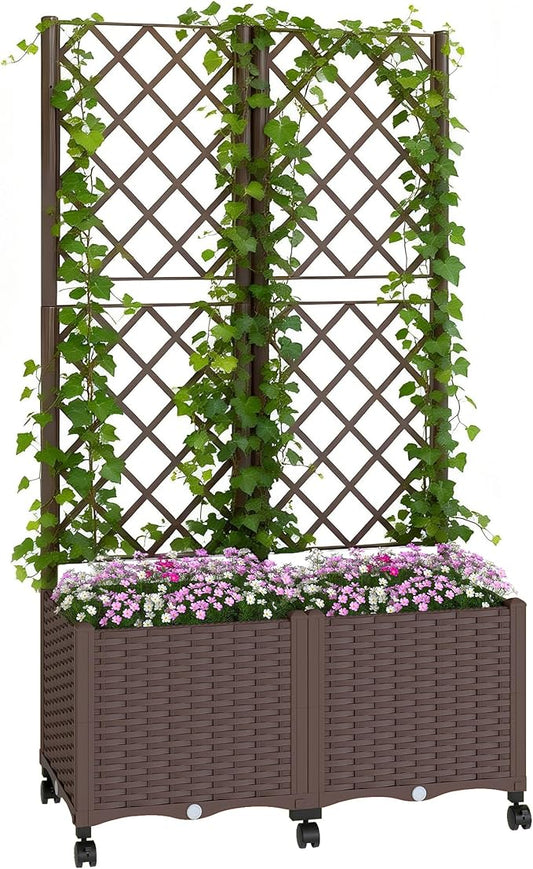 Outsunny Planter Box with Trellis, Self Watering Raised Garden Bed with Lockable Wheels, 56.3" Trellis Privacy Planter with Drainage Holes for Climbing Plants, Vines, Vegetables, Flowers, Brown