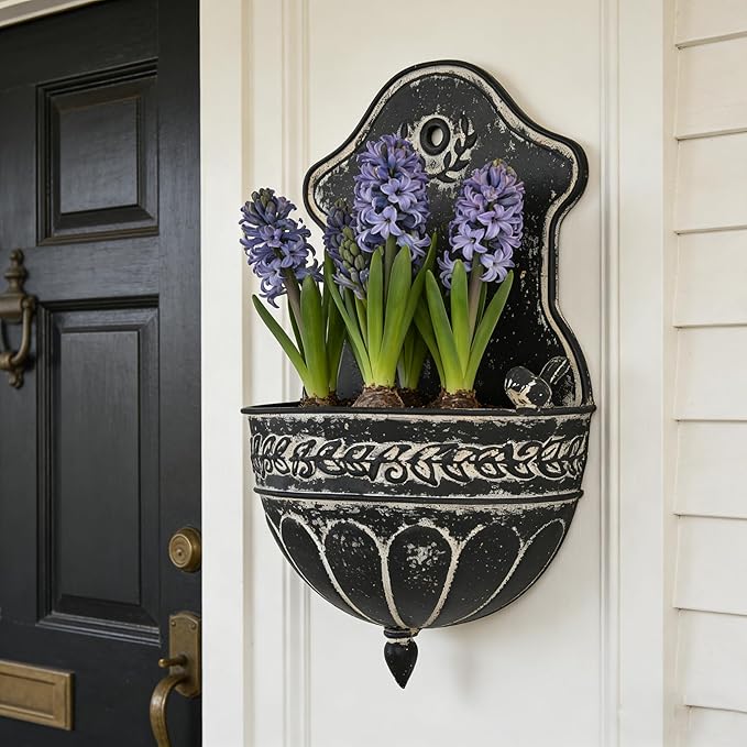 Vintage Distressed Black Metal Wall Planter, Rustic Hanging Pocket Planter with Scrollwork & Scalloped Design, Farmhouse Wall Decor for Indoor & Covered Outdoor Garden, Porch & Entryway