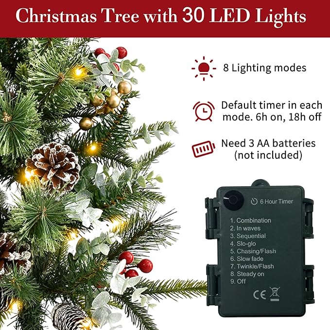 Pre-Lit Pathway Christmas Tree(2 Pack), Artificial Christmas Urn Filler with LED Lights, Golden & Red Berries, Pine Cones, Outdoor Light Up Planter Filler Holiday Home Decor