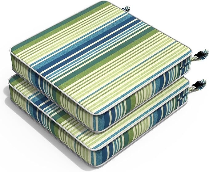 Outdoor Chair Cushions 22x22x3 Inch, Patio Seat Cushion Furniture Swing Set of 2, Water Repellent Chairs Wicker Cushion Pads with Couch Sofa in Garden, Stripe Blue Green