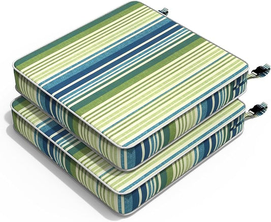 Outdoor Chair Cushions 22x22x3 Inch, Patio Seat Cushion Furniture Swing Set of 2, Water Repellent Chairs Wicker Cushion Pads with Couch Sofa in Garden, Stripe Blue Green