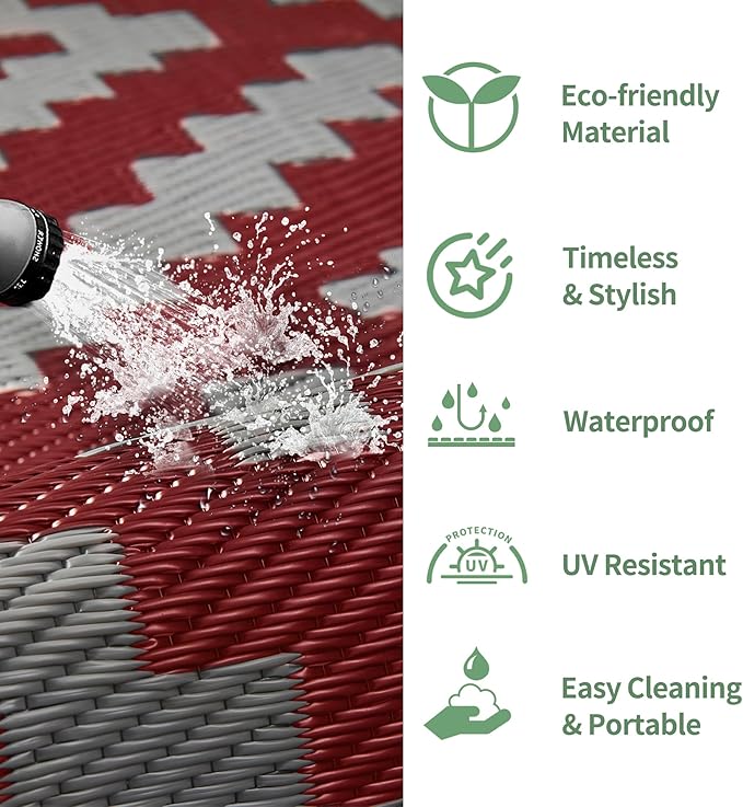 GENIMO Outdoor Rug for Patio Clearance, 10'x20' Reversible Plastic Straw Rugs, Lightweight Waterproof RV Camping Mat for Camper, Balcony, Deck, Backyard, Picnic, Red Grey