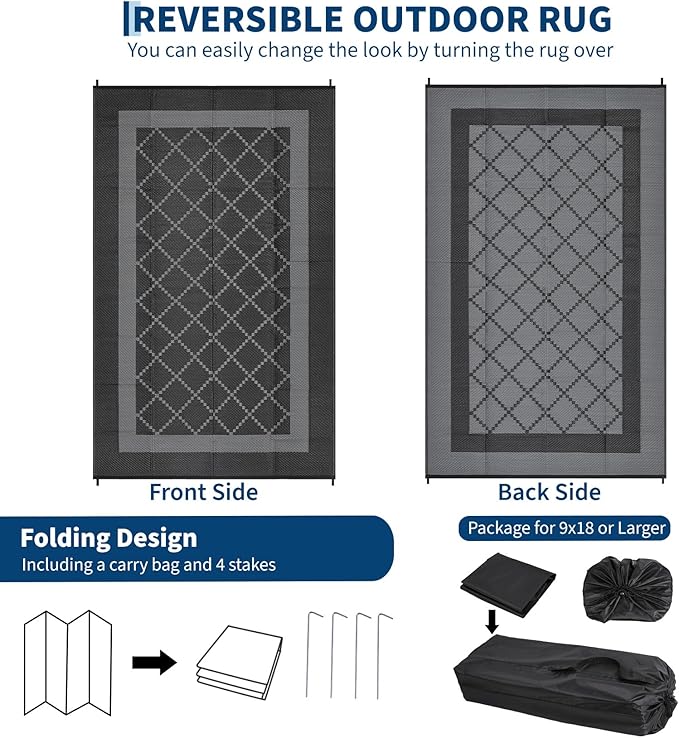 Outdoor Rug 10x14 Waterproof Reversible Mat Indoor Outdoor Plastic Straw Rus Carpet All Weather Modern Trellis RV Mat Carpet for Patio Deck Balcony Pool Picnic Black/Grey